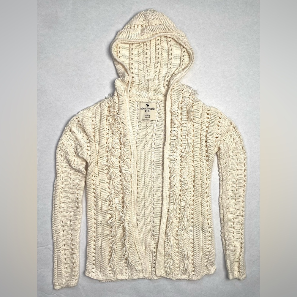 Abercrombie Kids Cream Hooded Open Front Knit Cardigan Sweater Size 13/14